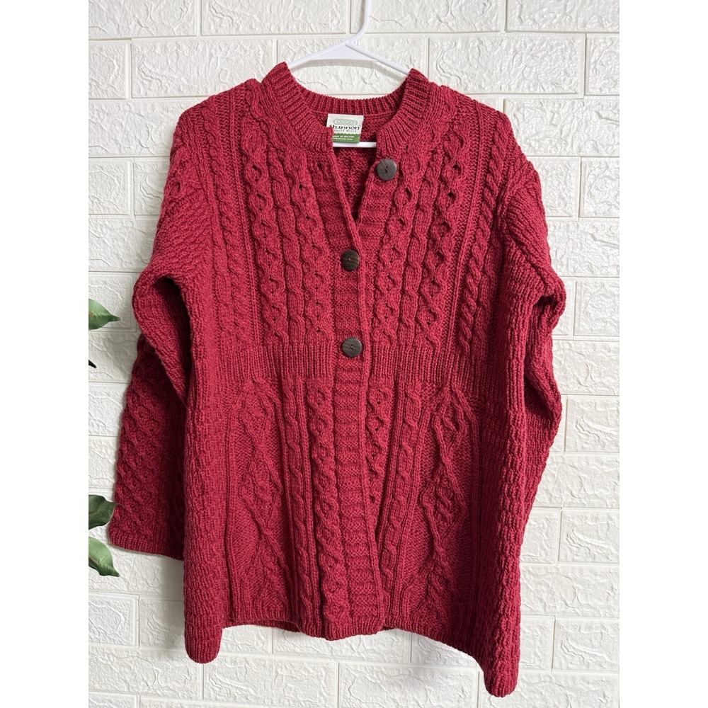 Shannon Woolen Mills Cardigan Women’s L Red Merino Wool Cable Knit Ireland